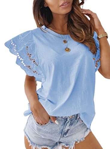 Dokotoo Womens Casual Crewneck Bell Sleeve T-Shirts Solid T Shirts Crochet Flowy Blouses Tops Lightweight Loose Shirt Small Sky Blue #TOP6