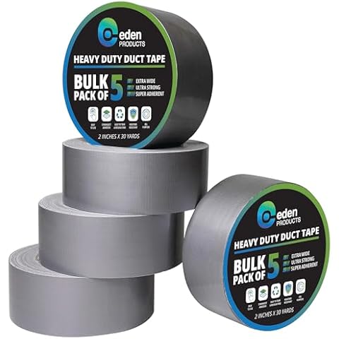 EdenProducts 5-Pack Duct Tape Heavy Duty Waterproof Bulk - Strong Industrial Gray Masking Tape for Repairs - Silver 90ft x 2in - Indoor & Outdoor Use, No Residue, Tear by Hand, All Weather Cover