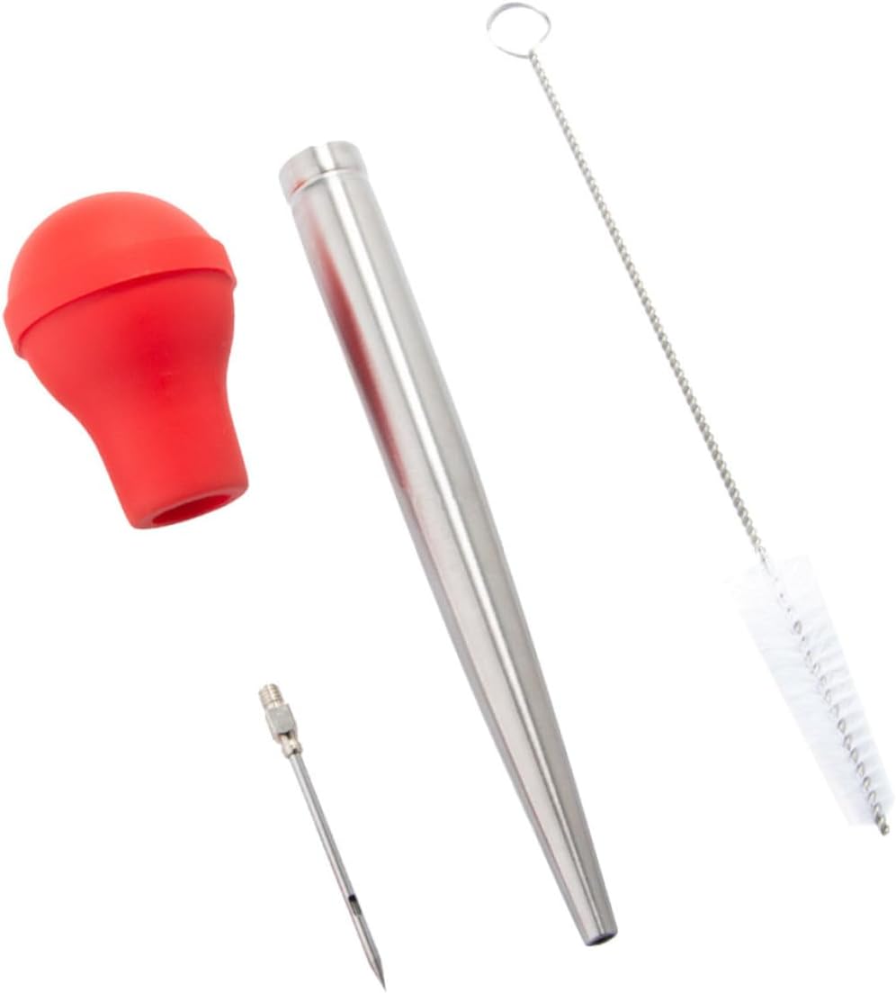 Stainless Steel Turkey Baster with Red Silicone Pump and Cleaning Brush Food-grade Drip Oil Seasoning Tube for Juicy Meat Injection Bbq Kitchen Tool for Home and Restaurant Cooking