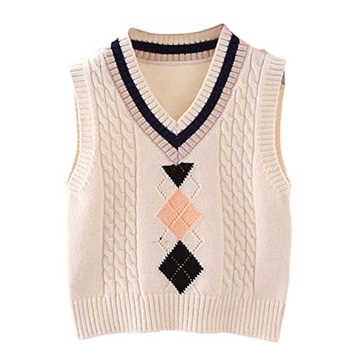 FEESHOW Little Kids Girls Casual Argyle Plaid Sweater Vest Toddler Sleeveless Thermal Warm School Uniform White 5-6 Years