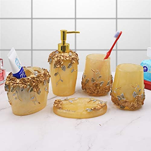 LUANT Creative Scents Marquee Bath Ensemble, 5 Piece Bathroom Accessories Set, Marquee Collection Bath Set Features Soap Dispenser, Toothbrush Holder, Tumbler, Soap Dish, Gold