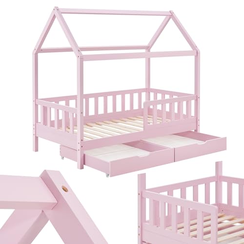 Juskys Lit cabane Enfant Marli 80x160 cm avec 2 tiroirs, Protection antichute, sommier à Lattes et Toit, Lit Maison Montessori en Bois Massif, Rose