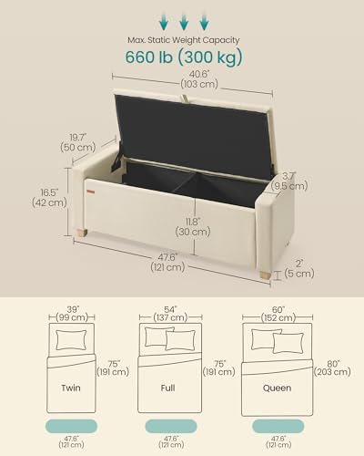 SONGMICS Storage Ottoman, Storage Chest Bench with Legs, End of Bed Bench with Safety Hinges, Pull Tab, for Living Room, Bedroom, 19.7 x 47.6 x 16.5 Inches, Linen-Look Fabric, Summer Sand ULOM511LF01 | Foot Rest with Legs, 19.7 x 47.6 x 16.5 Inches, End of Bed Bench with Safety Hinges, Summer Sand, for Room, ULOM511LF01 - Image 3