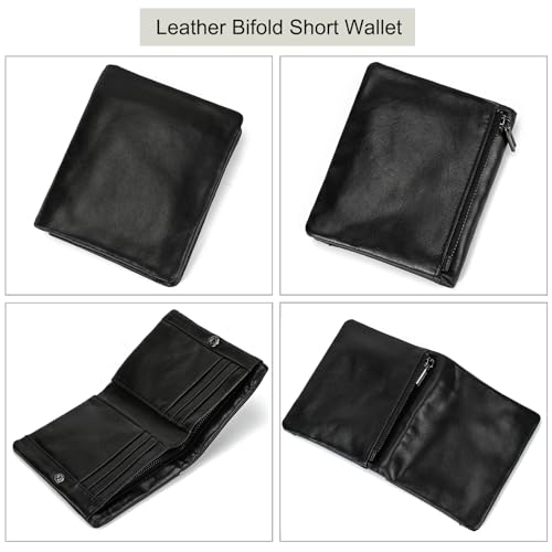 Genuine Leather Bifold Wallet with Multiple Card Slots for Men and Women, Slim Coin Pocket Cash Credit Card Holder Zipper Purse, Black3