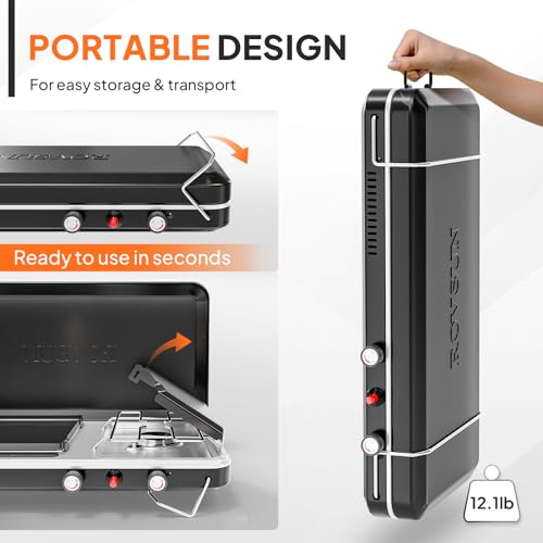 ROVSUN 2-in-1 Portable Camping Stove & Propane Grill with Enamel Griddle & Piezo Igniter - Compact Tabletop Camp Stove (Black) - Image 5