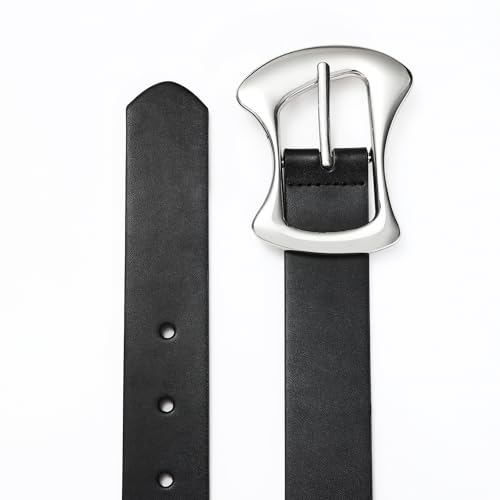 Women's Black Belt with Silver Buckle Fashion Waist Belt for Women Black Leather Belt for Jeans Dress3