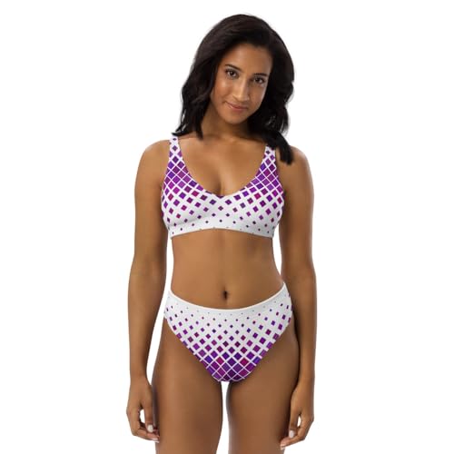Bikini taille haute recyclé femme maillot de bain deux pièces blanc à motifs violets