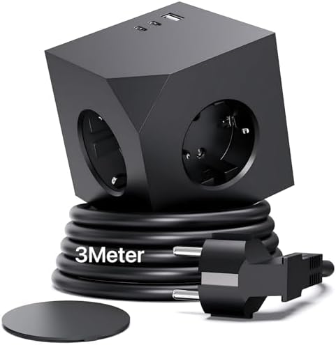 PD20W Steckdosenwürfel mit 2 USB C, 6 in 1 Mehrfachsteckdose Würfel mit Magnetpad, Steckdosenleiste mit USB, Wandsteckdose Steckdosenadapter mit 3 Meter Verlängerungskabel für Büro