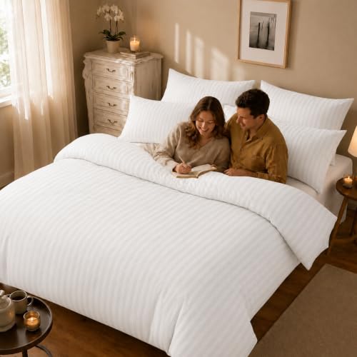 Image of Castiqa Premium Glace Cotton Satin King Size Stripes Pattern Quilt Cover /Duvet Cover /Rajai Cover /Blanket Cover with Zipper Closure (Queen (80x90 inch), White)