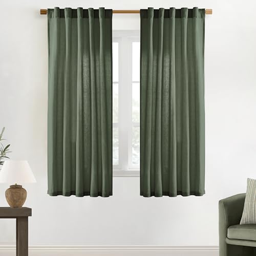 Image of XTMYI 68 Inch Curtains 2 Panel Set,Linen Boho Semi Sheer Curtains for Bedroom Living Room,40x68 in Long,Olive Green