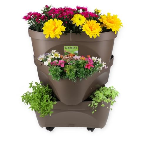 GarPet Erdbeertopf Pflanzturm Blumentopf Hoch Pflanzsäule Kräutertopf Balkon Pflanzkübel Kräuterturm Pflanztopf Outdoor Säulentopf Set 3 Ebenen Roller