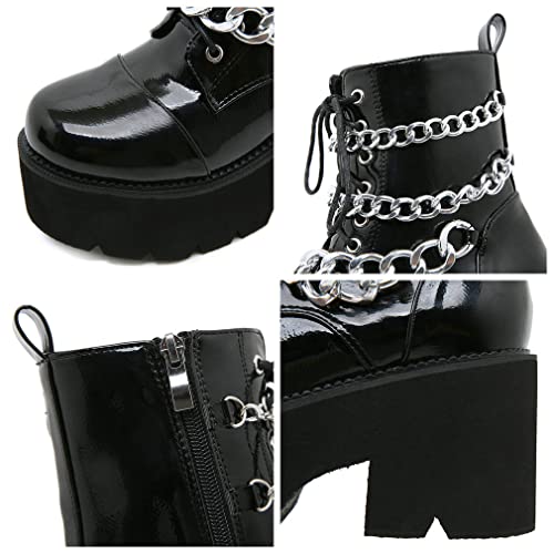 Image of Parisuit Womens Goth Patent Ankle Boots Platform Chunky Combat Boots | Lace Up, Gothic Boots, High Heel, Punk Short Booties, Buckle Boots, Chain Boots