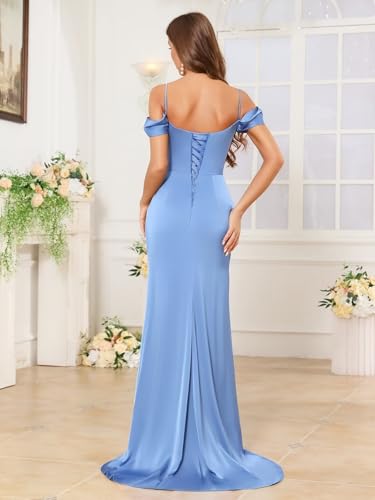 Off The Shoulder Satin Bridesmaid Dresses Mermaid Corset Prom Dress for Women Ruched Long Formal Gown with Slit2