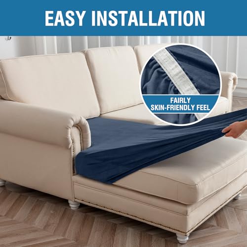 Image of Couch Cover 3-Piece Elastic Velvet Couch Cushion Covers & Chaise Slipcovers for L-Shaped Sofas, Sofa Seat Covers Washable, Soft Cover for Couches (2 Seater + Chaise, Berlin Blue)