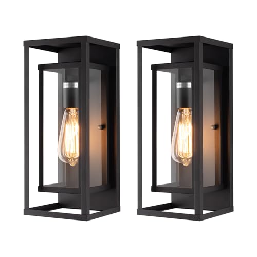 mirrea 14' Classic Outdoor Wall Sconce 1 Light in Matte Black Rectangular Metal Frame and Clear...