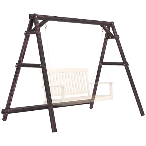 Outsunny 770lbs Porch Swing Frame Heavy Duty A-Frame Wooden Swing Stand with Reinforced Bars Freestanding Hanging Chair Stand Only for Porch Lawn Garden Backyard Carbonized