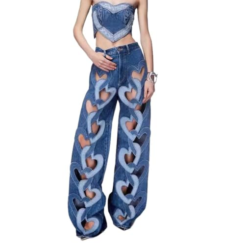 WUMODA Womens High Rise Heart Cutout Baggy Jeans Straight Wide Leg Jeans with Pockets Blue