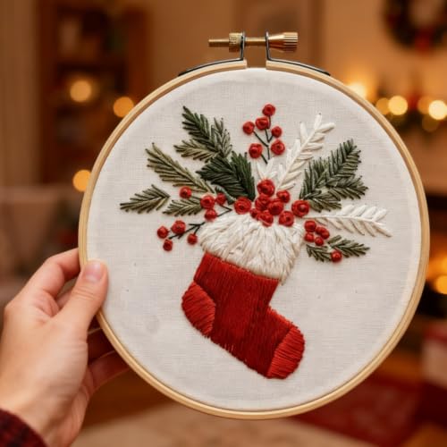 Image of Christmas Embroidery Kits for Adults, Beginner DIY Embroidery Starter Kit | Christmas Embroidery Kit for Beginners, Stockings Pattern, Cotton Threads, Needles, Instruction, 20cm Hoop