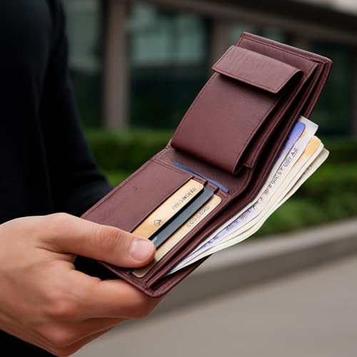 Image of Men's Leather Wallet Bifold Slim Design with Multiple Card Slots, Cash Compartment and Compact Pocket Friendly Wallet for Everyday Use (Maroon)