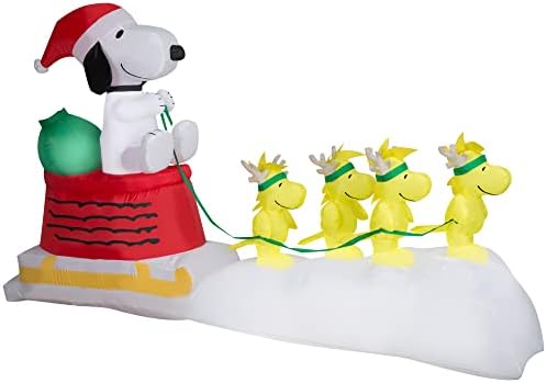8.5' Gemmy Airblown Inflatable Peanuts Snoopy in Dog Bowl Sleigh w/ Woodstock Scene Yard Decoration 111934