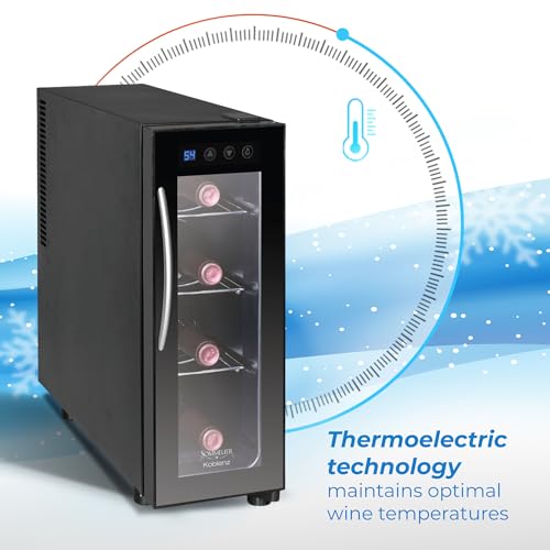 Image of Koblenz EVFK-04 4-Bottle Free Standing Single Zone Fridge and Chiller, Wine | Thermoelectric Wine Cooler with Digital Display and Touch Controls, Black, Wine Bottles, EVFK-04, Great Value, For Gifts