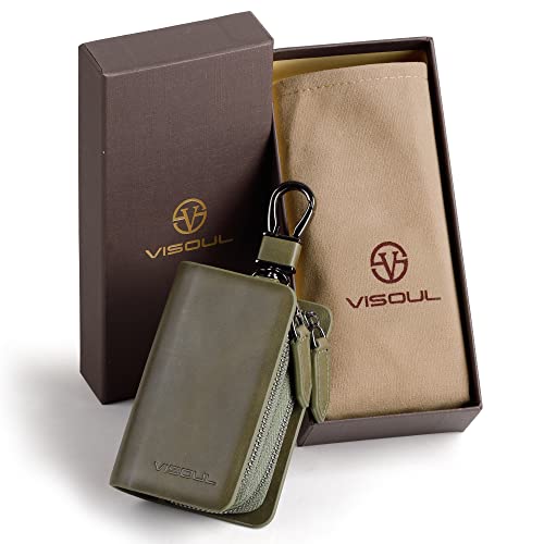 Image of VISOUL Car Key Case Holder Double Zipper, Leather Car Smart Key Fob Case with Keychain for Men and Women