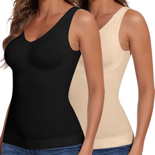 Image of JOYSHAPER Women Shapewear Tops with Padded Bra Camisole Shapewear Tank Tops | V-Neck Cami Shaper, Tank Tops With Built In Bras, Compression Tank Tops, Tummy Control Shapewear Camisoles,Daily Wear Tops