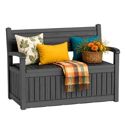 ATMELT Outdoor Bench, Waterproof Garden Bench with Storage, 100 Gallon Lockable Resin Deck Box, Weatherproof Bench Seating for Patio Yard Cushions Tools, Black