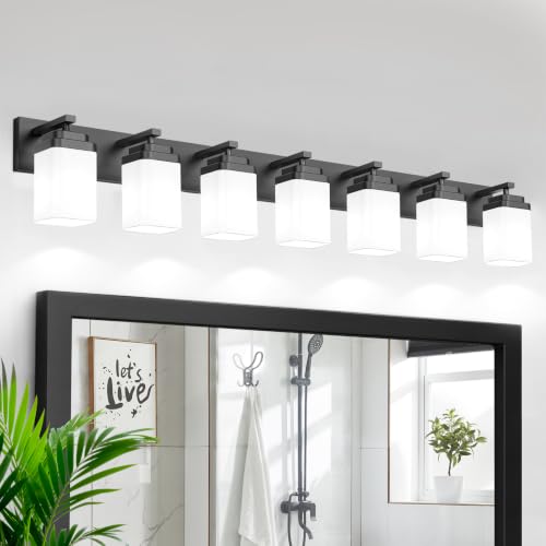 Image of Matte Black Bathroom Light Fixtures, 7 Lights Bathroom Lighting Fixtures Over Mirror, Square Design & Rectangle Large Backplate, Modern Vanity Lighting Fixtures, for Living Room /Bedroom