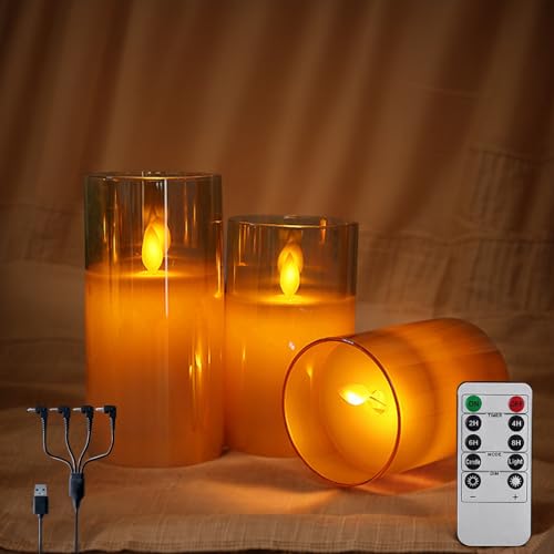 NICE POINT Bougies LED Rechargeables USB - Flamme Vacillante Réaliste en Verre Doré, Télécommande & Minuterie Auto 2/4/6/8h, 2 Modes (Vacillement/Lumière Douce) pour Maison, Dîner, Spa, Autel, Mariage