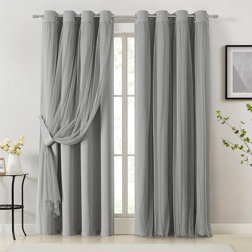 Image of Bujasso Grey Blackout Curtains with Sheer Overlay Double Layer 54Wx90Lx2