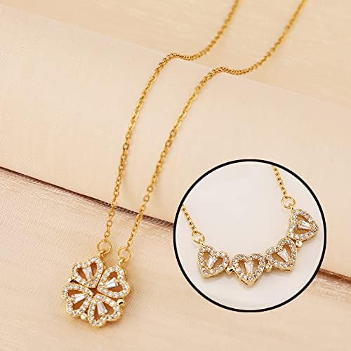 Four Leaf Clover Necklace Foldable for Women,925 Sterling SIlver Bling zircon stone Four Heart Grass Women's Necklaces Crocker ,Retro Magnetic Folding Love Heart Pendant One Style,Two Wearing Methods - Image 2