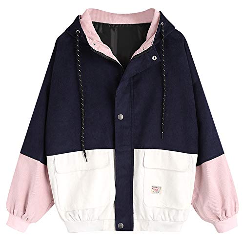 ZAFUL Womens Hooded Corduroy Jacket Vintage Oversized Zipper Snap Button Patchwork Windbreaker