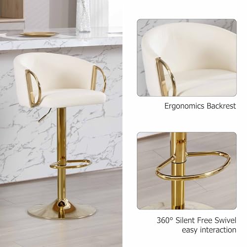 Butacos de Bar en Terciopelo, Set de 4, Ajustables con Giro de 360°, Altura Regulable, con Espaldar y Reposabrazos, Dorados, para Isla de Cocina y Bar en Casa, Color Crema Dorado miniatura 4