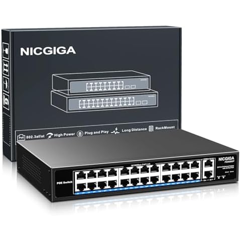 24 Port PoE Switch Unmanaged, 24 Port PoE+@400W, 2 Gigabit Uplink Ports, NICGIGA 26 Port Network Power Over Ethernet Switch, VLAN Mode, 250m Extend, 19 inch RackMount, Plug and Play. Cover