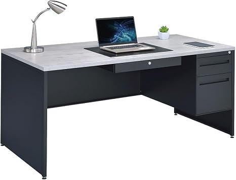 NBF Executive Desk Steel Office Workstation with Single Pedestal Storage & Center Drawer, 66" W x 30" D, Black, Gray, Carbon Collection