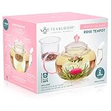 Teabloom Rose Teapot Set - 34 oz Borosilicate Glass Teapot, Glass Tea Infuser, 2 Flowering Teas - Thermal Shock Resistant - Stovetop, Microwave, Dishwasher Safe - Pretty in Pink