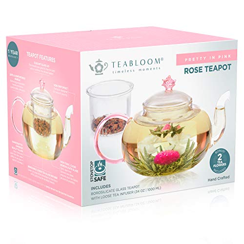 Teabloom Rose Teapot Set - 34 oz (3-4 Cups) Borosilicate Glass Teapot, Glass Tea Infuser, 2 Flowering Teas - Thermal Shock Resistant - Stovetop, Microwave, Dishwasher Safe - Pretty in Pink