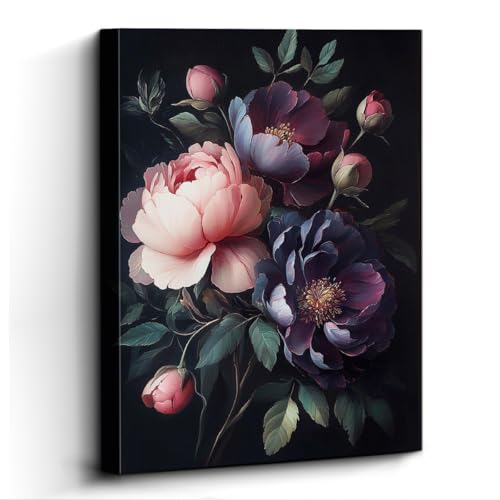 WOXZQ Peony Bouquet Wall Art, pink plum peonies, romantic wall decor, laminated paper unframed canvas print, floral poster artwork, for bedroom living room gift, 12x15 inch