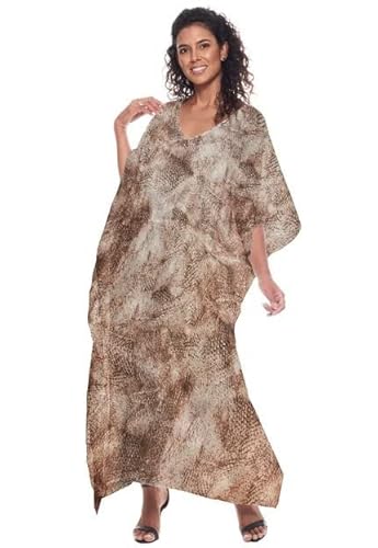 Kaftan Vestido Longo Saida de Praia Bata Crepe Estampado Cor:Marrom-Escuro;Tamanho:Único