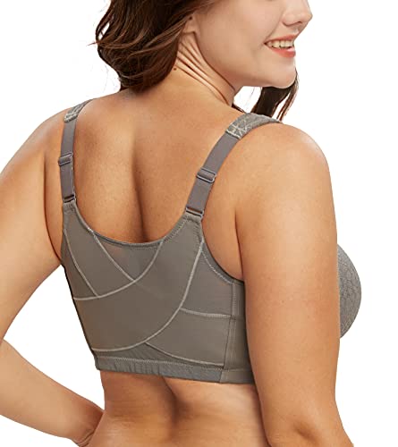 DotVol Jacquard Back Support Posture Bra Women's Full Figure Front Closure Wirefree(Grey,42C)