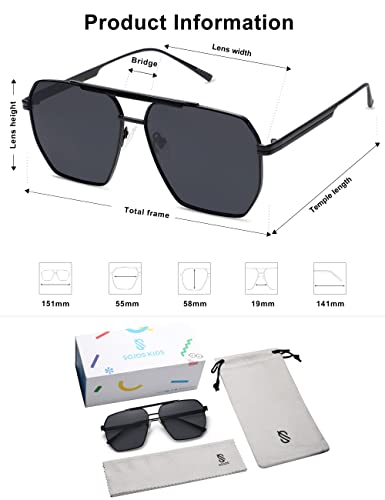 Sojos Retro Oversized Aviator Polarized Sunglasses For Kids Girls Boys Juniors Teenagers Age 8-18 Big Metal Shades Sk5611 Black/Grey Lens #TOP5
