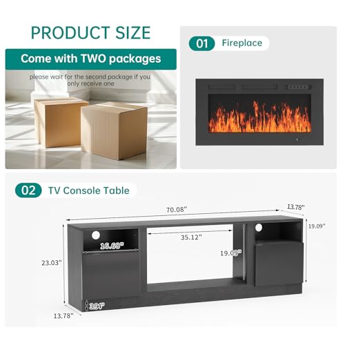 Image of MXV 70 inch Fireplace TV Stand for TVs Up to 80 inch, LED Light Entertainment Center with 36 inch Electric Fireplace, Modern Wood Texture TV Media Console with Highlight Storage Cabinet, Black-Black