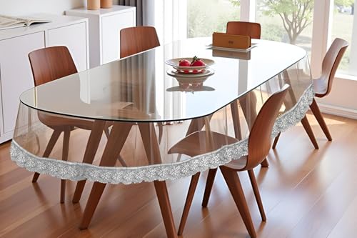 Image of The Furnishing Tree Oval Shaped 8 Seater Transparent Table Cover WxL 60x90 inches 0.25 mm Thickness with Silver Lace