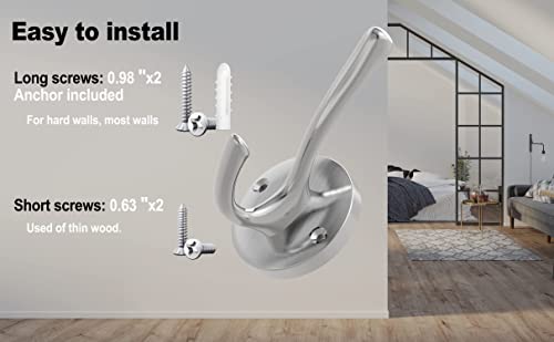 Tofiigrem Brushed Nickel Wall Hooks Towel Hooks, 3 Pack Coat Hook Heavy Duty Hook Double Bath Robe Hook Wall Mounted, Hand Towel Hooks For Entryway Bathroom Kitchen Closet #TOP5