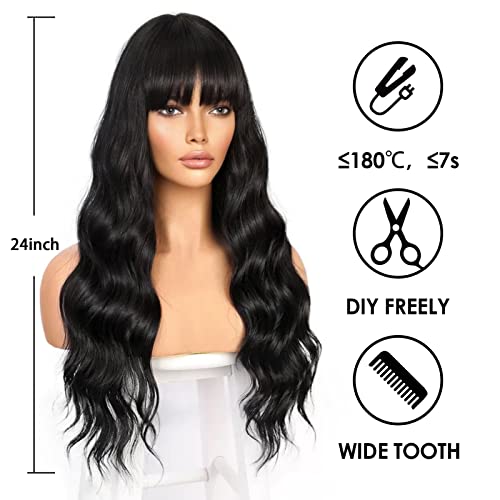 Entranced Styles Black Wigs With Bangs Long Wavy Wigs For Women Synthetic Heat Resistant Wig For Daily Party Use 24 Inch #TOP2