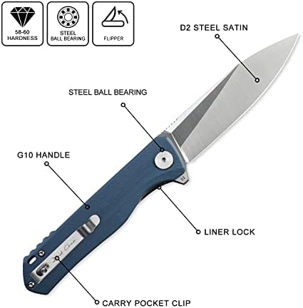 Petrified fish G10 handle D2 steel blade 2CR13 liner ball bearing flipper folding knife camping hunting EDC pocket tool PF818 (Gray, Satin)
