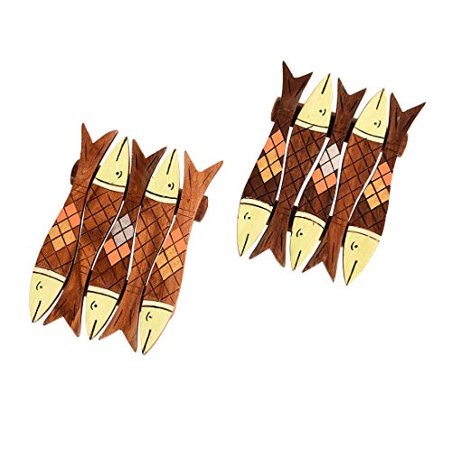 Image of Aakriti Art Creations Hand Painted Fish Wooden Coaster (Set of 2)