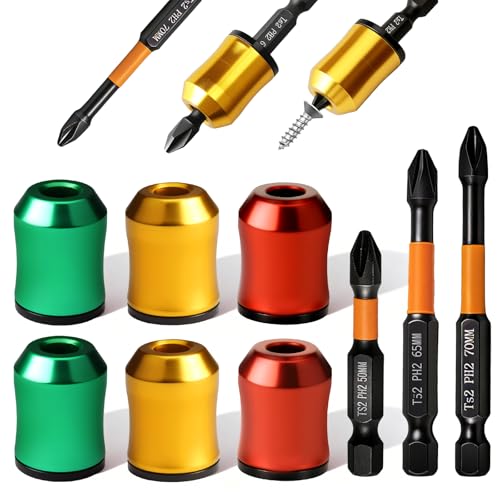 Dexspoeny 6 Pcs Magnetic Screw Holder Ring with 3 Pcs Ph2 Screwdriver Bit Set 1/4 Universal Strong Magnetic Ring Removable Screwdriver Bit Holder Tool for Drill Bits & Hex Screwdrivers
