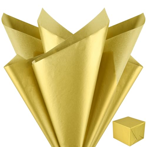 NEBURORA Papier de soie métallisé doré pour sacs cadeaux, 60 feuilles de papier de soie doré en vrac pour emballage cadeau de Noël, artisanat d'art, anniversaire,...
